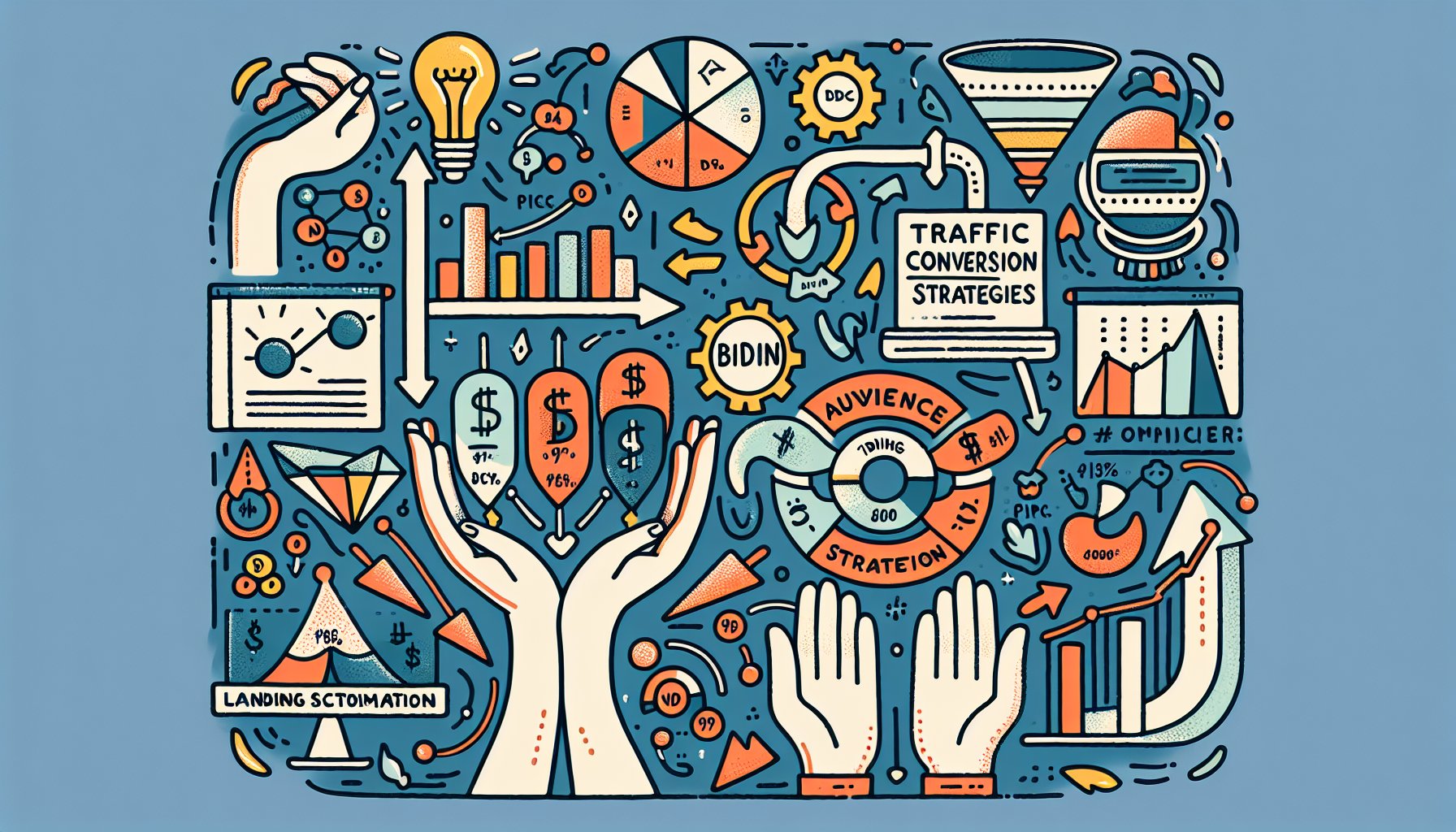 PPC advertising guide covering traffic conversion strategies, audience segmentation, bidding strategies, and landing page optimization.