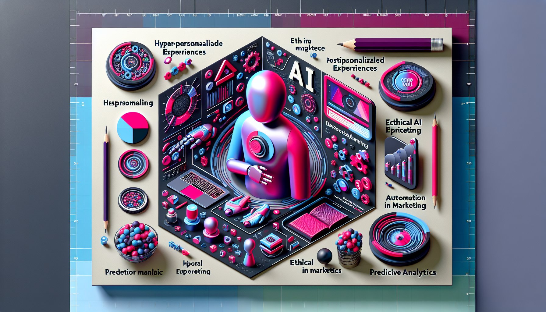 AI-driven marketing strategies for 2025, showcasing hyper-personalized experiences, ethical practices, and predictive analytics.