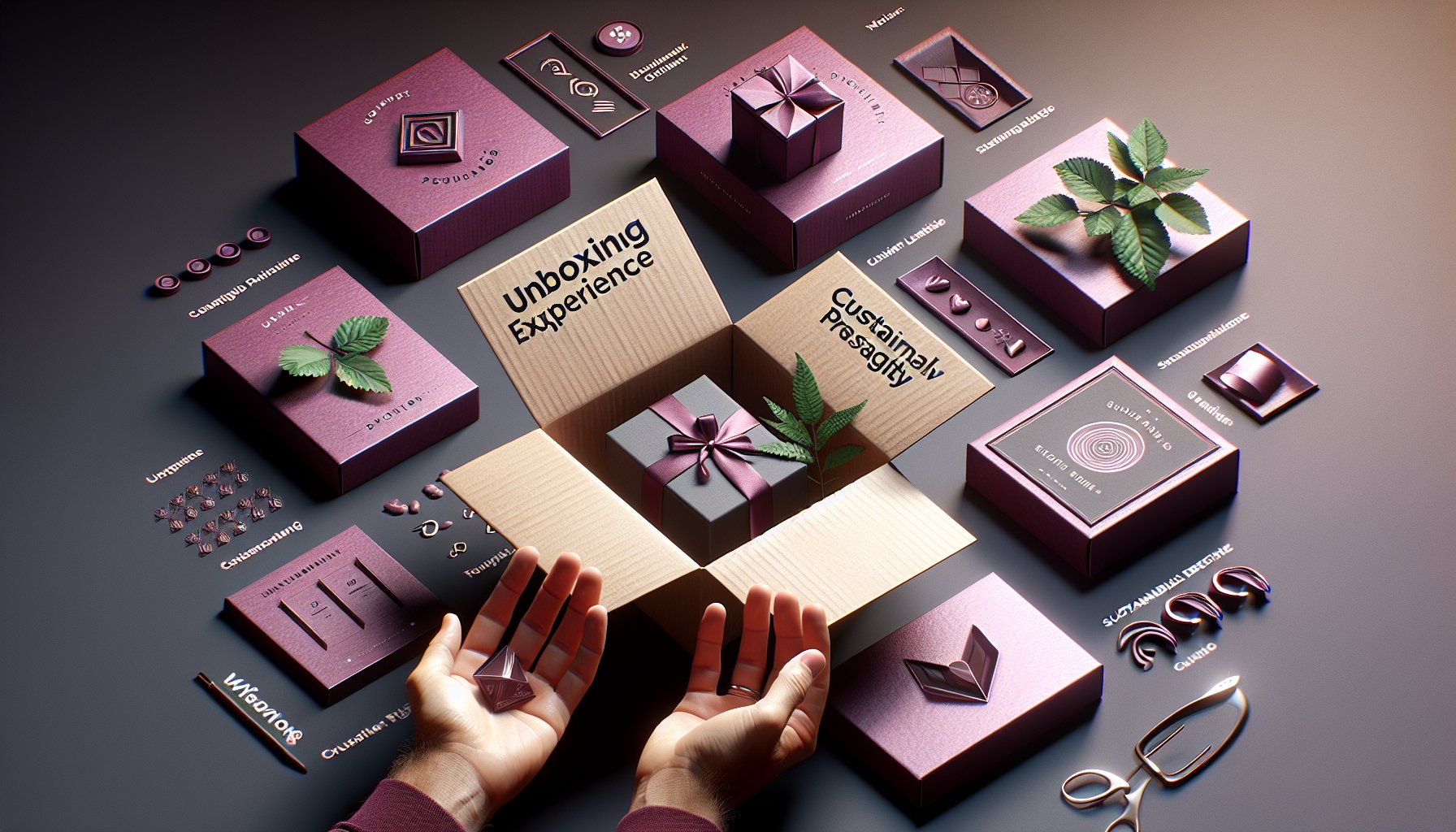 Engaging unboxing experience with branded merchandise showcasing sustainable packaging design to boost brand loyalty.