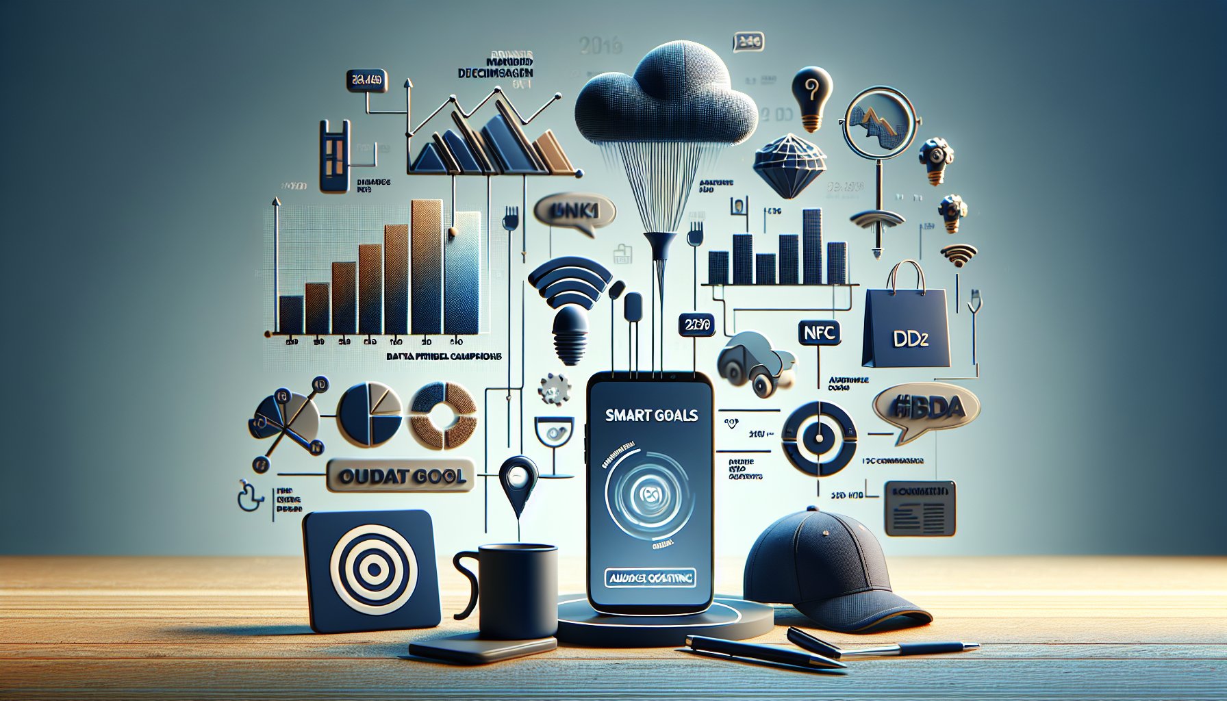 Visual guide on measuring branded merchandise campaigns using NFC, SMART goals, and audience engagement analytics.