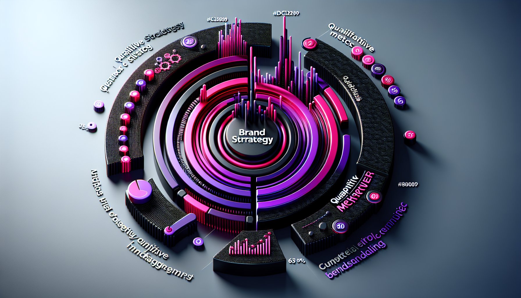 Visual guide on measuring brand strategy success through qualitative insights, quantitative metrics, customer engagement, and benchmarking.
