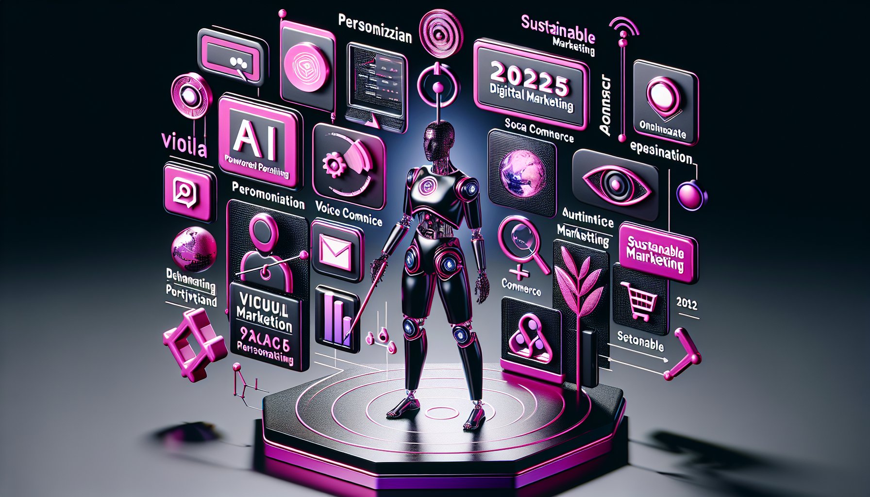 Digital marketing trends 2025: AI-powered personalization, voice search optimization, social commerce, and sustainable marketing insights.