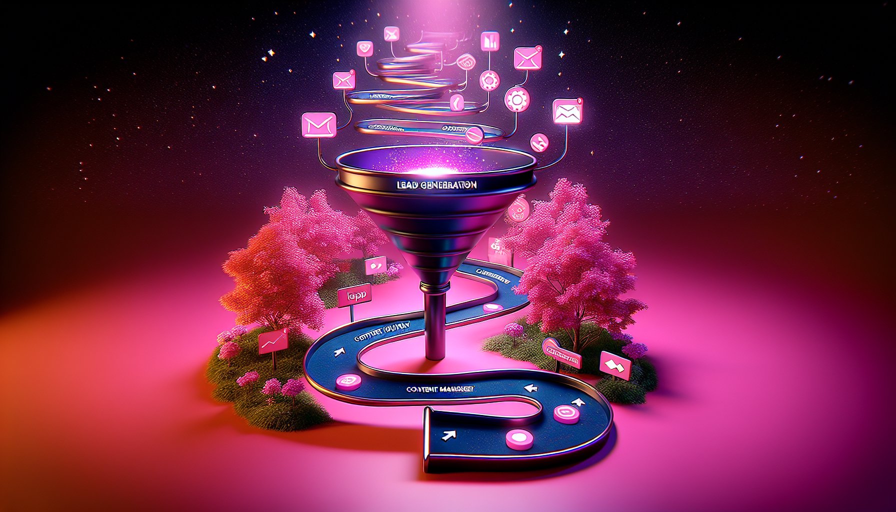 Step-by-step guide illustrating the lead generation funnel with email marketing, content strategies, and automation tools.