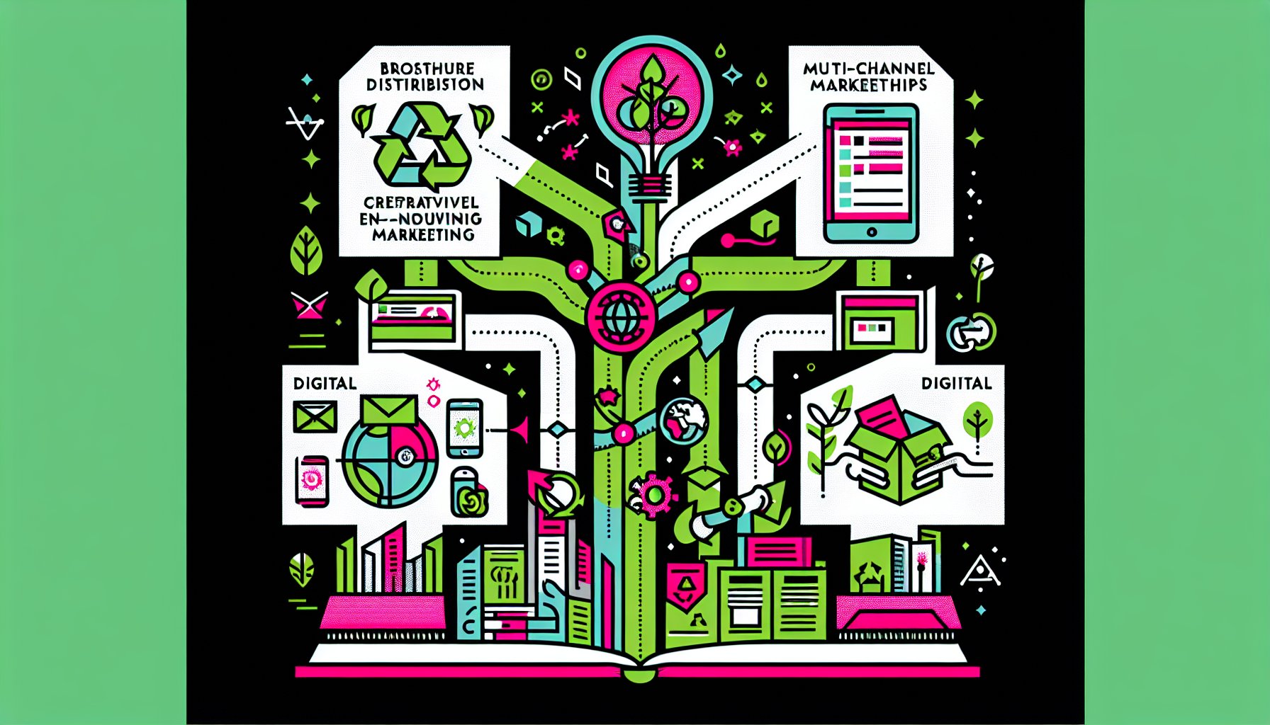 Brochure distribution strategies using creative partnerships, multi-channel marketing, digital integration, and eco-friendly practices.