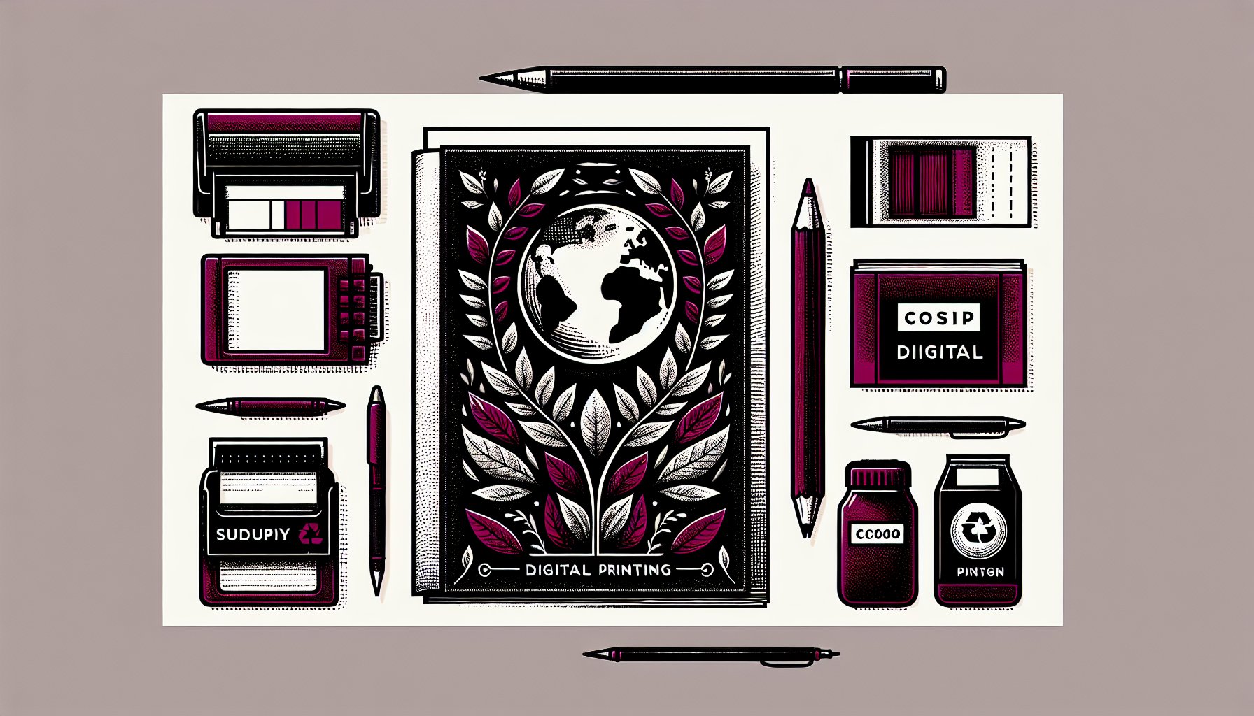 Eco-friendly brochure design showcasing sustainable materials, digital printing, vegetable-based inks, and minimalist aesthetics.