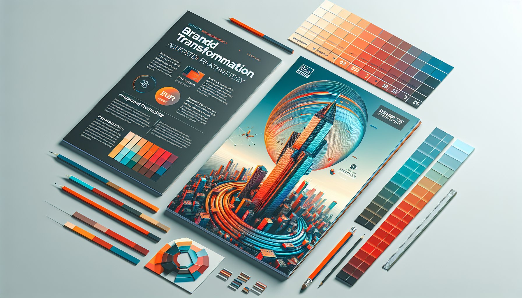 Brochure design process showcasing brand transformation, marketing strategy, and creative partnership with augmented reality elements.