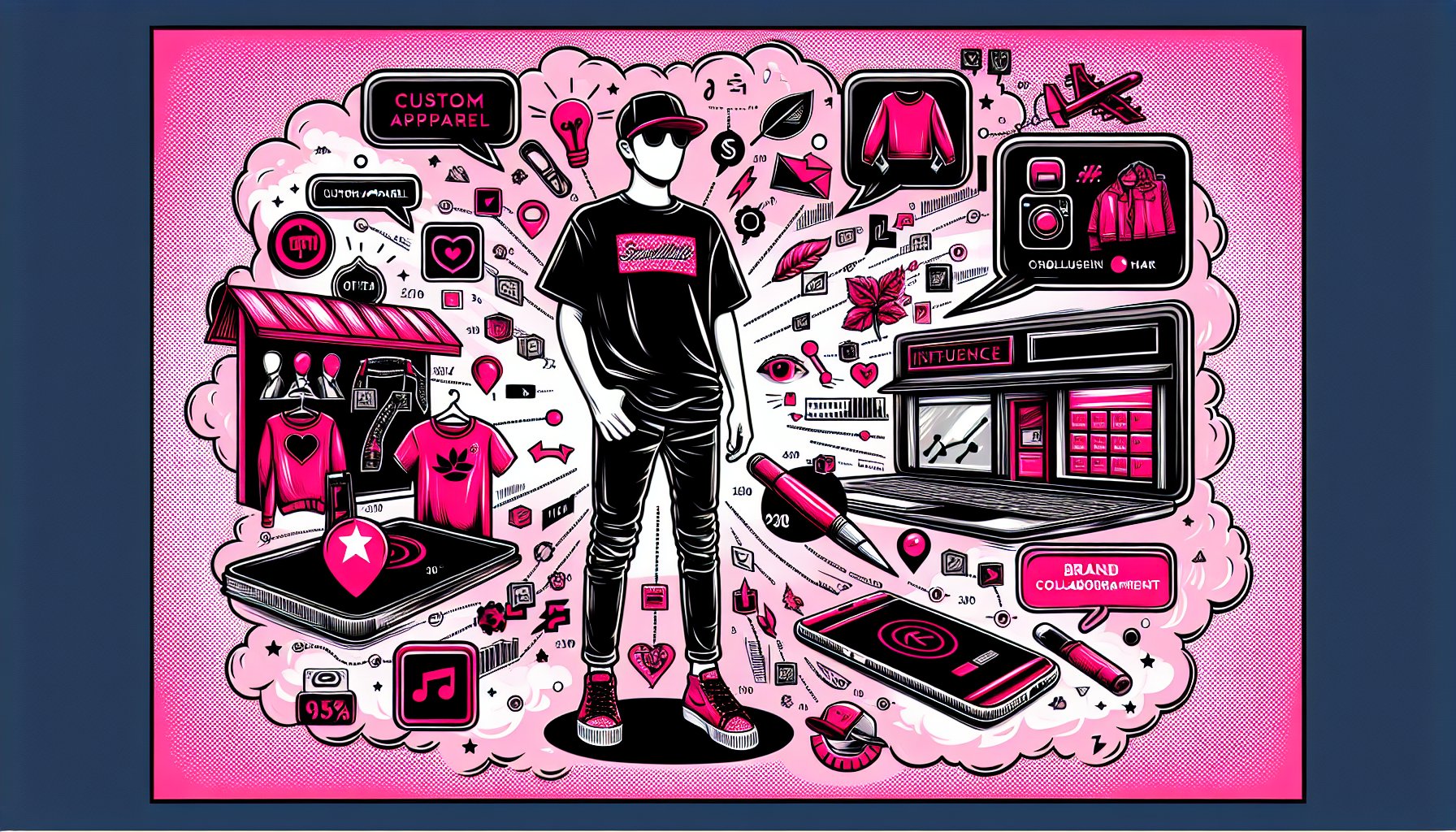 Custom apparel promotion through social media, leveraging influencer collaborations and data-driven marketing for brand engagement.