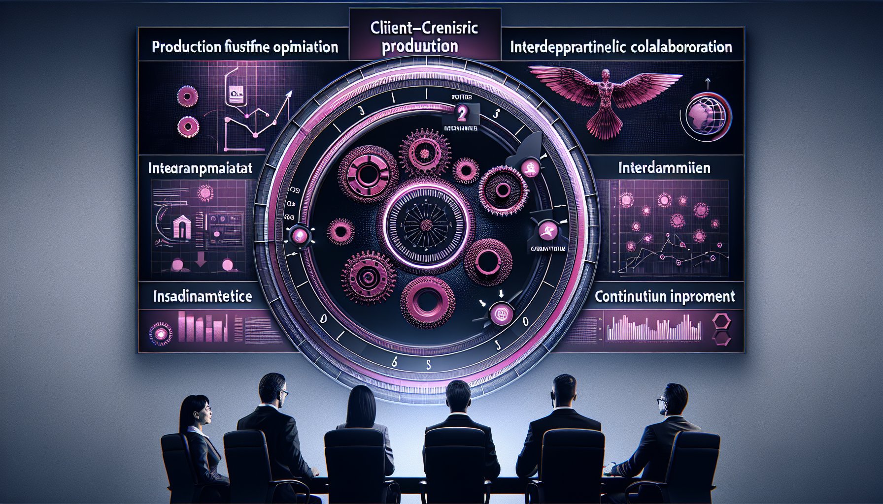 Diagram illustrating production workflow optimization through client-centric strategies and interdepartmental collaboration.