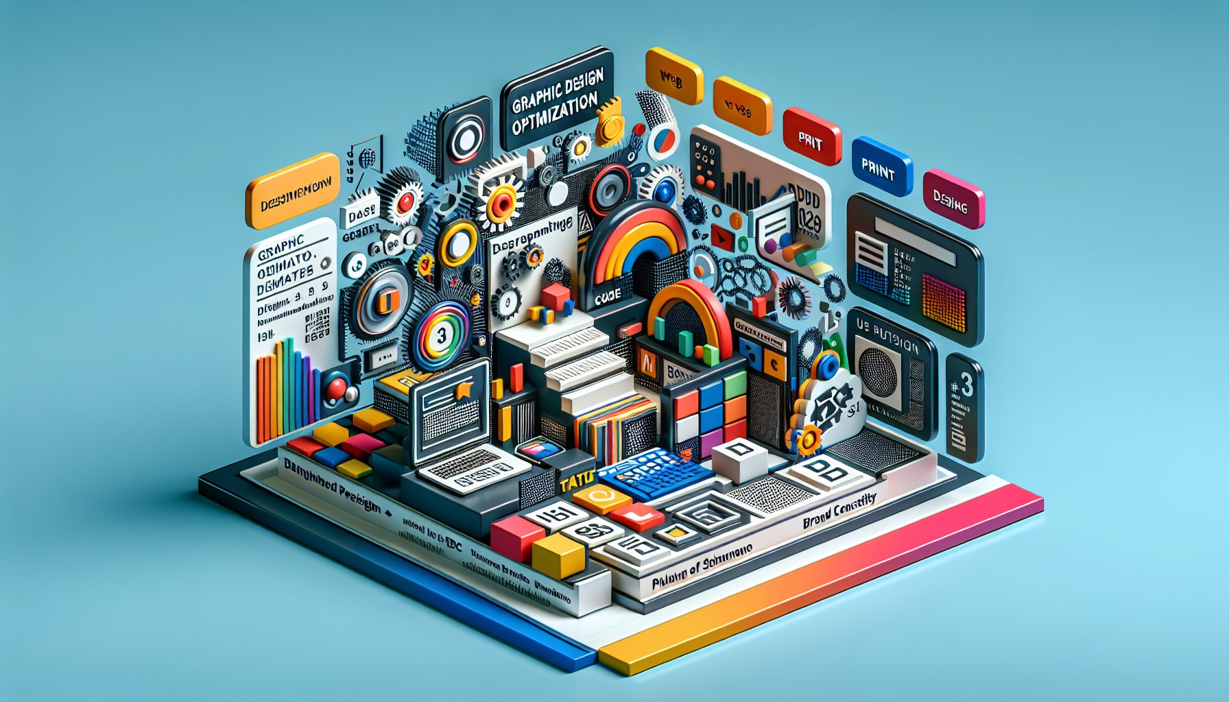 Graphic design optimization tips for web and print, focusing on color harmony, typography, and brand consistency.