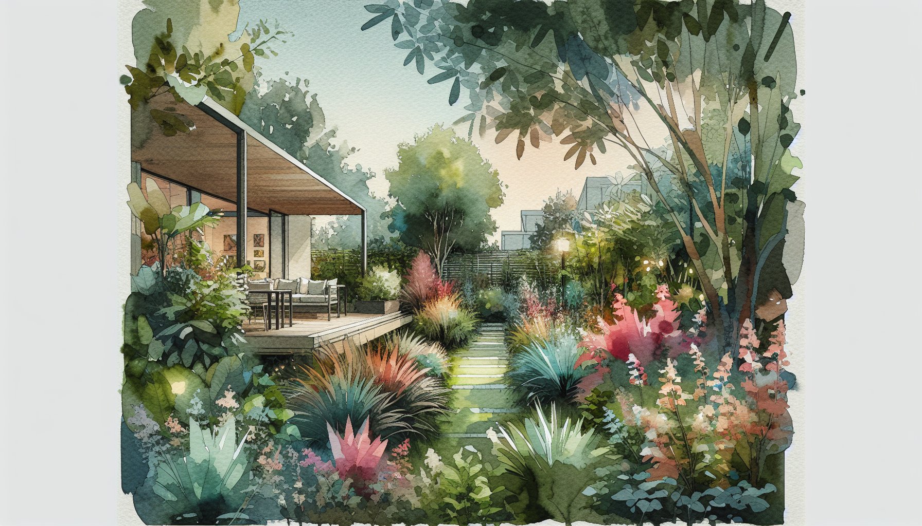 Vibrant backyard garden design showcasing colorful plants for an eco-friendly outdoor living space focused on stress relief.