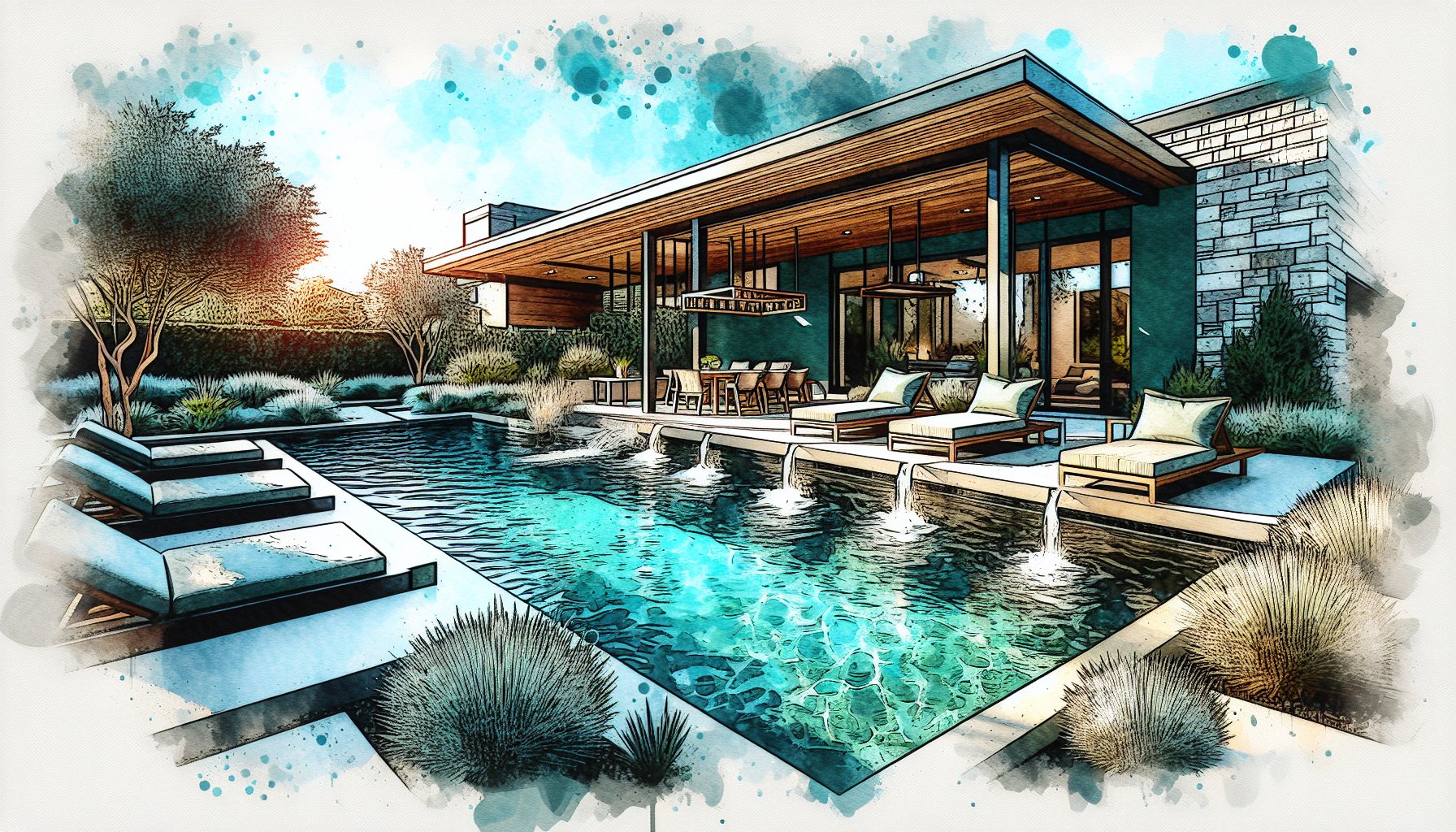 Custom pool design blending with Highland Park landscaping, featuring sustainable materials and water features for an outdoor oasis.