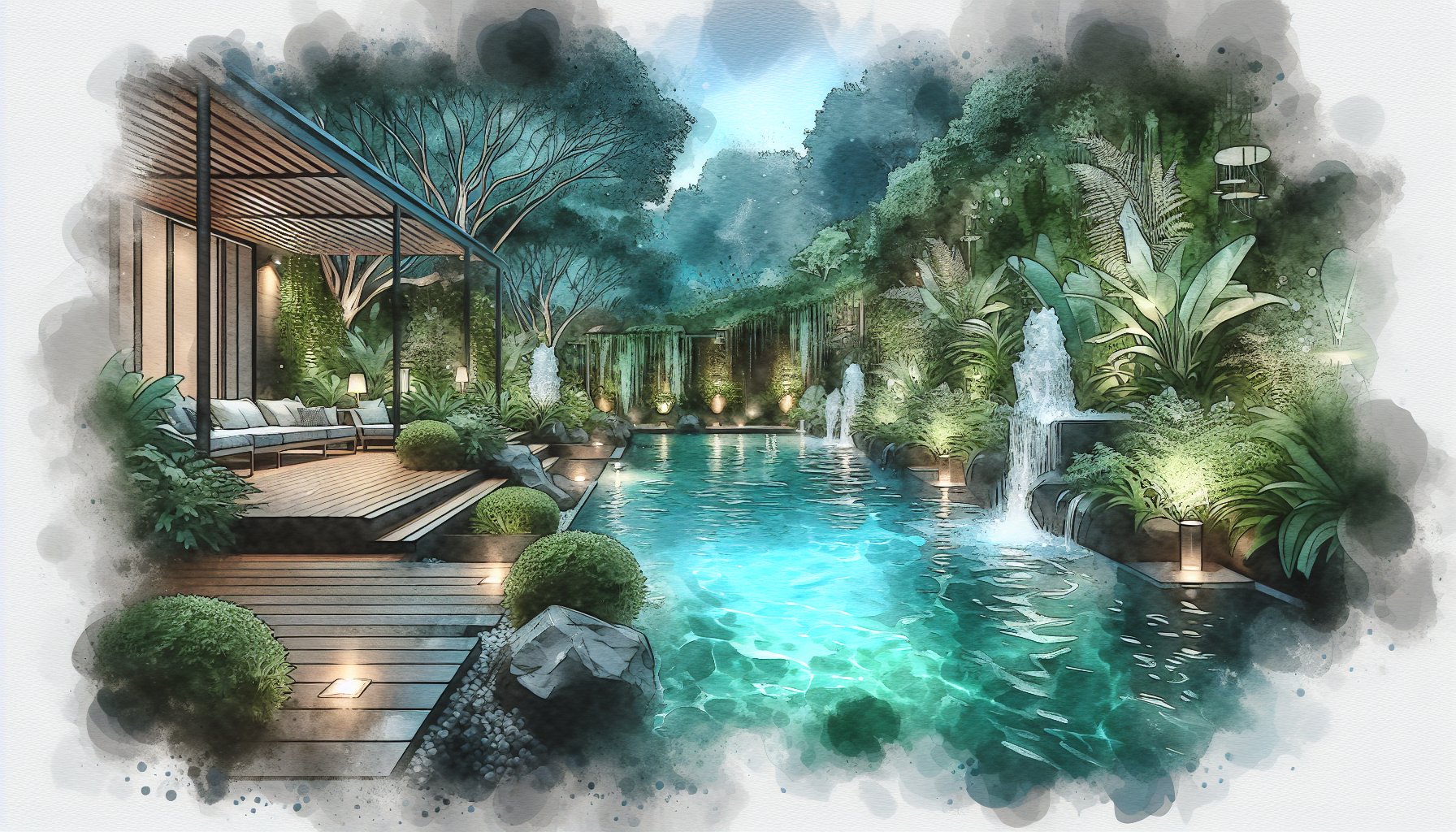 Water features enhance custom pool designs, creating an outdoor oasis with LED lighting while ensuring maintenance and sustainability.