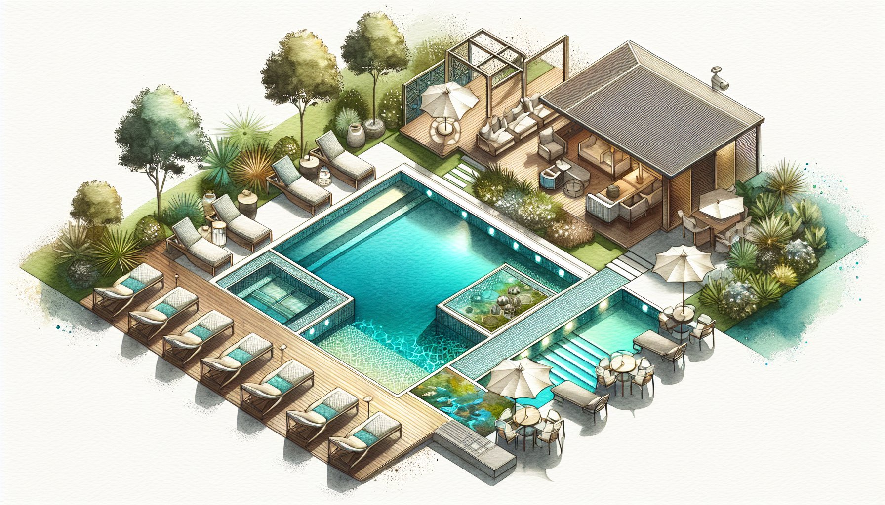 Custom pool design with eco-friendly features, stylish lounge furniture, and entertainment elements for an elevated experience.