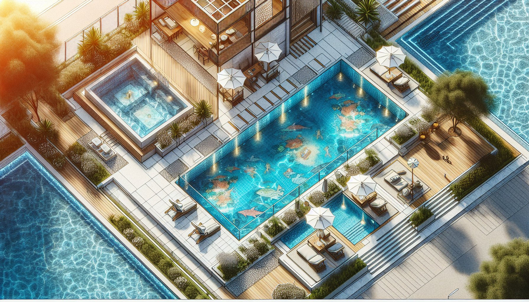 Custom pool design featuring sustainable materials like gunite, recycled glass tiles, and smart pool technology for 2025.