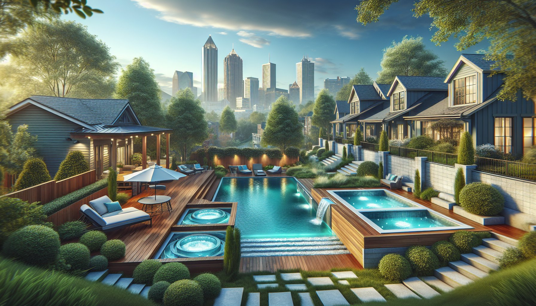 Custom pool design in a small backyard featuring a plunge pool, eco-friendly landscaping, enhancing Atlanta outdoor living.