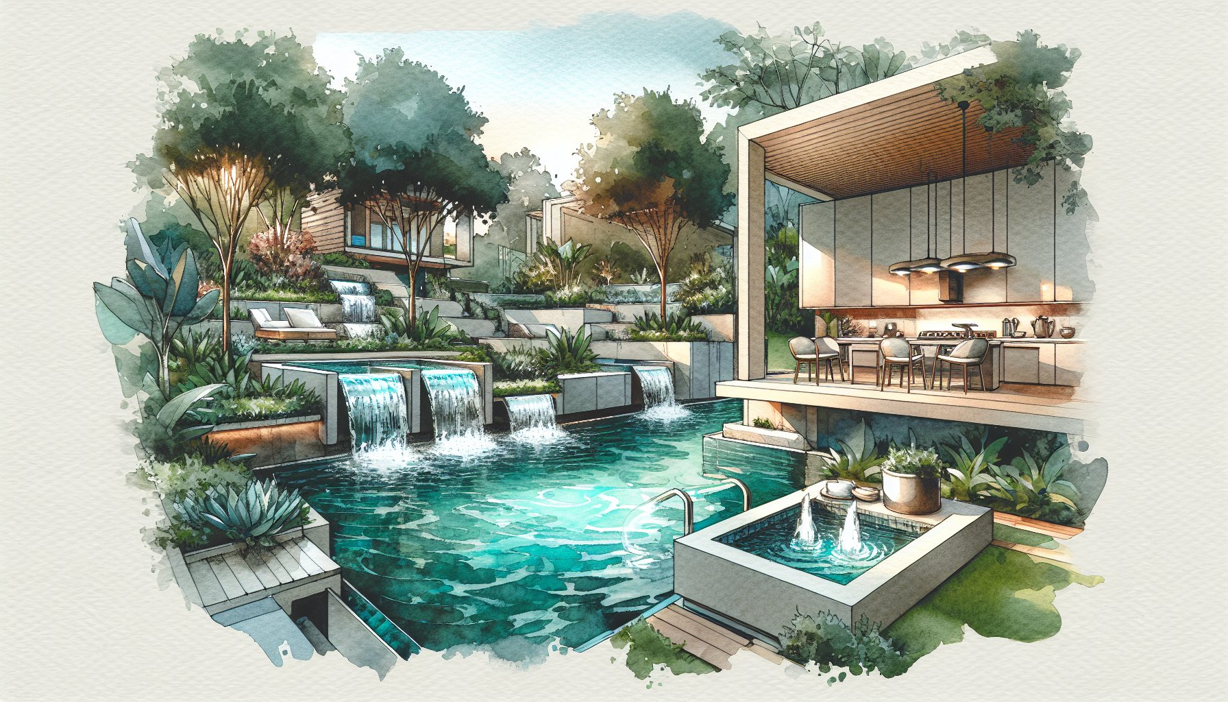 Stylish luxury pool accessories, including smart features, sculptural water elements, and eco-friendly outdoor kitchens.