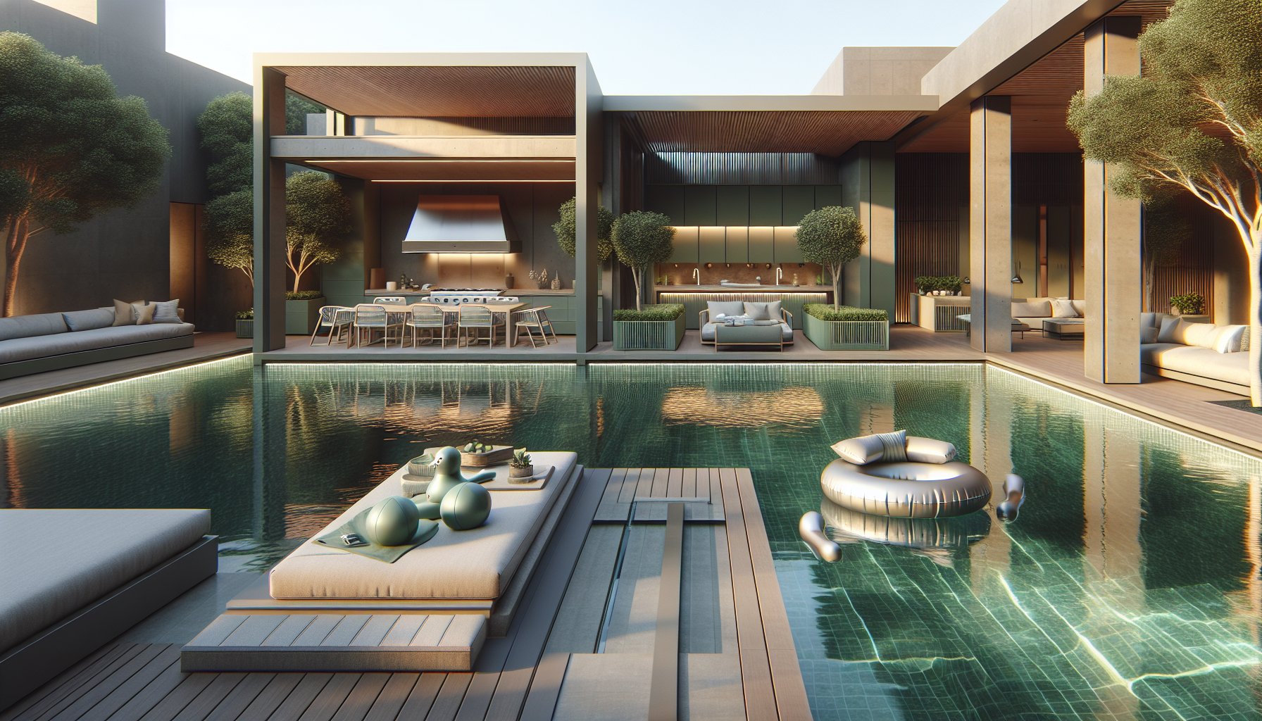 Backyard oasis with smart pools, outdoor kitchens, eco-friendly accessories, and luxury pool floats for 2025.