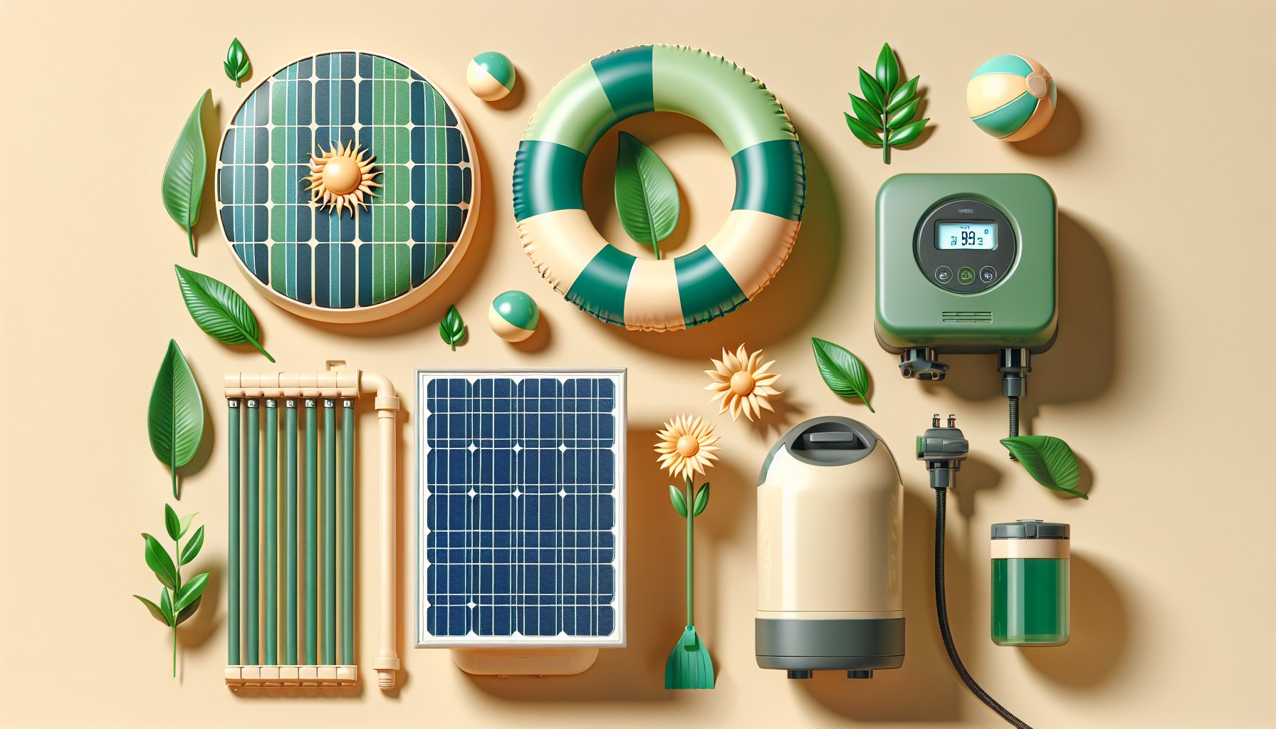 Eco-friendly pool accessories: solar heaters, biodegradable cleaners, and energy-efficient pumps for sustainable swimming.
