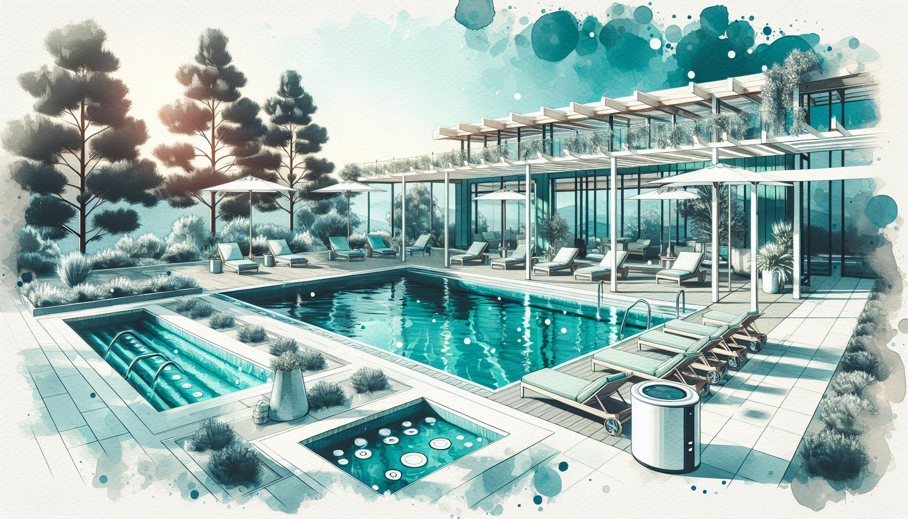 Colorful pool accessories including swim spas, solar covers, non-slip rugs, and energy-efficient heaters for year-round enjoyment.