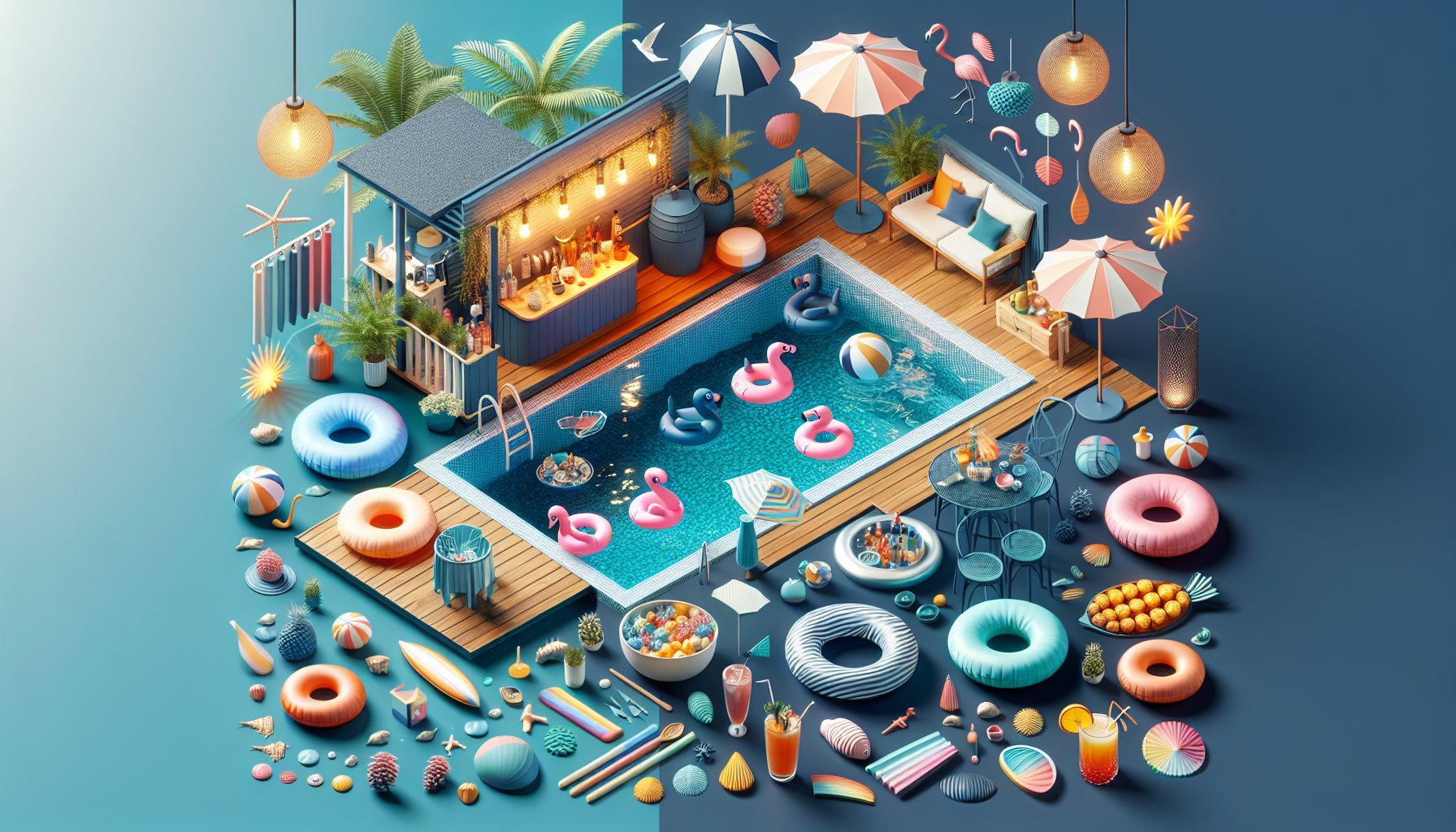 DIY pool accessories for a personalized experience, featuring custom floats, poolside bar ideas, and outdoor lighting.