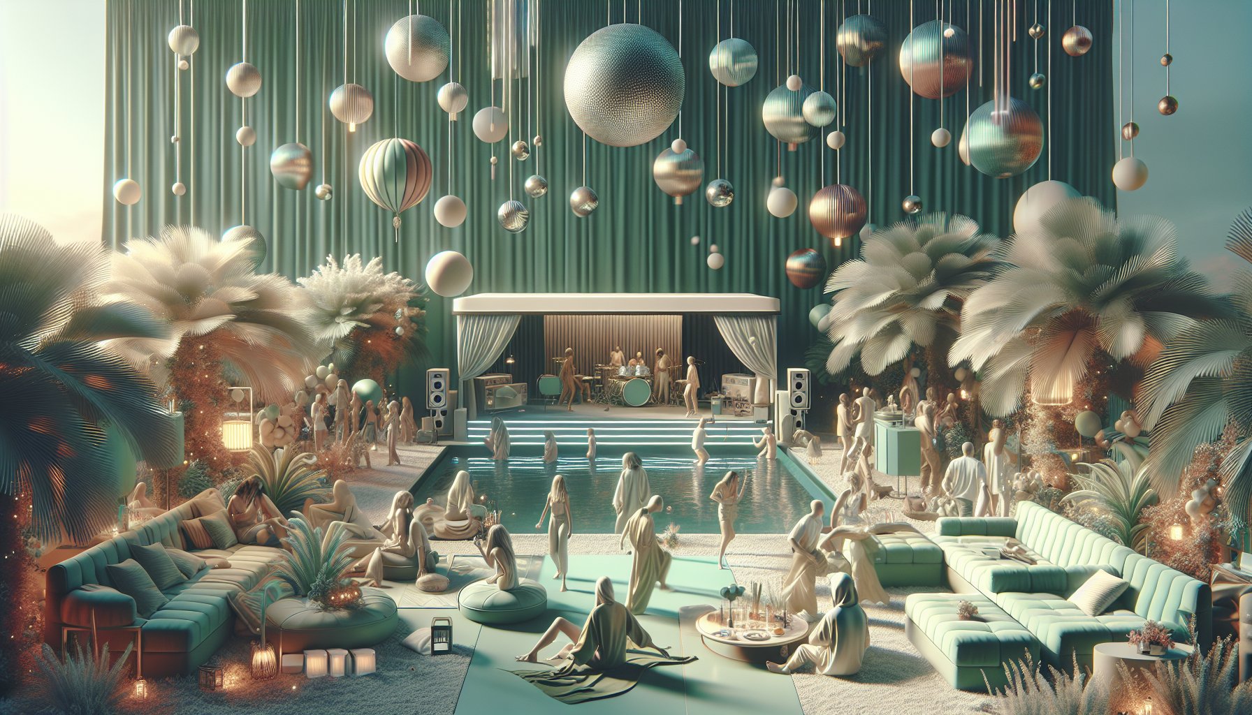 Colorful pool accessories with floats and decor set the scene, while a curated playlist elevates the party atmosphere.
