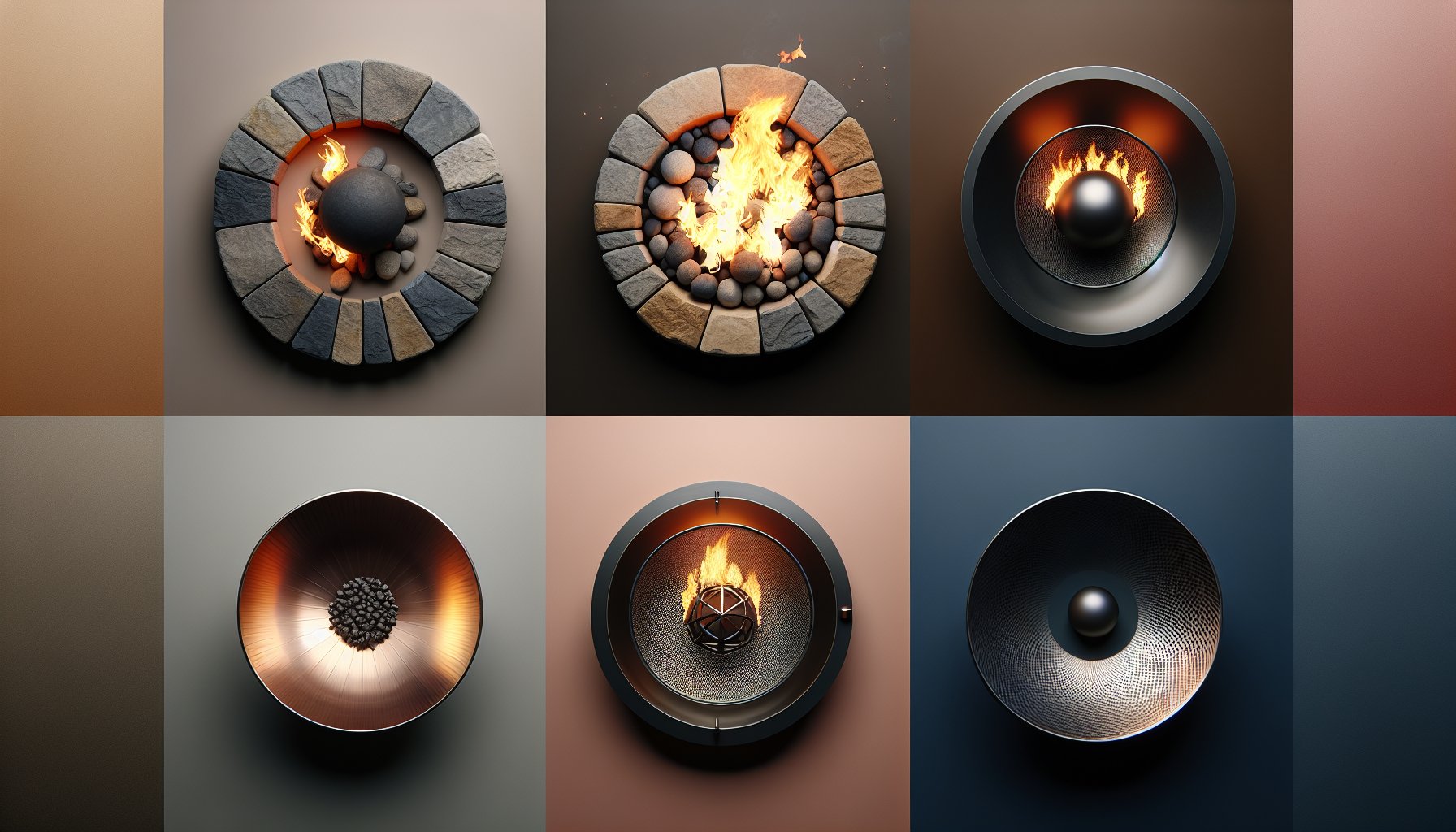 Five DIY fire pits: classic stone circle, sleek steel fire bowl, and bioethanol options for summer installation.