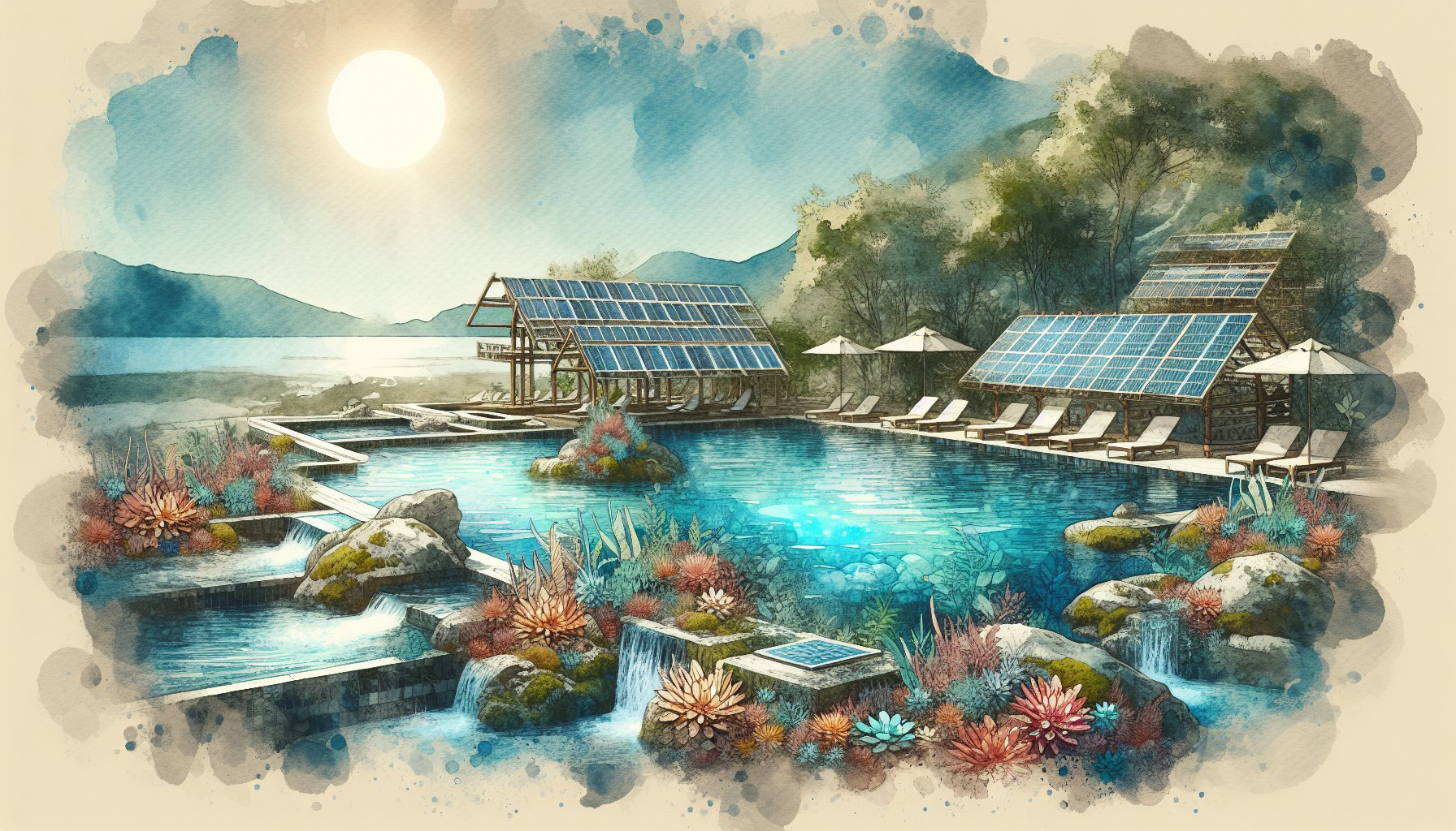 Eco-friendly pool design showcasing natural swimming pools, solar heating, and sustainable materials for aquatic ecosystems.