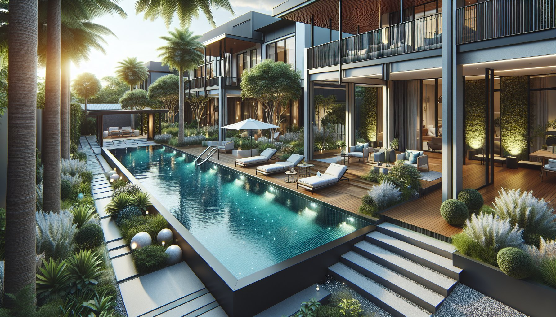 Modern pool design showcasing sustainable features, smart technology, and luxury landscaping ideas for outdoor living.