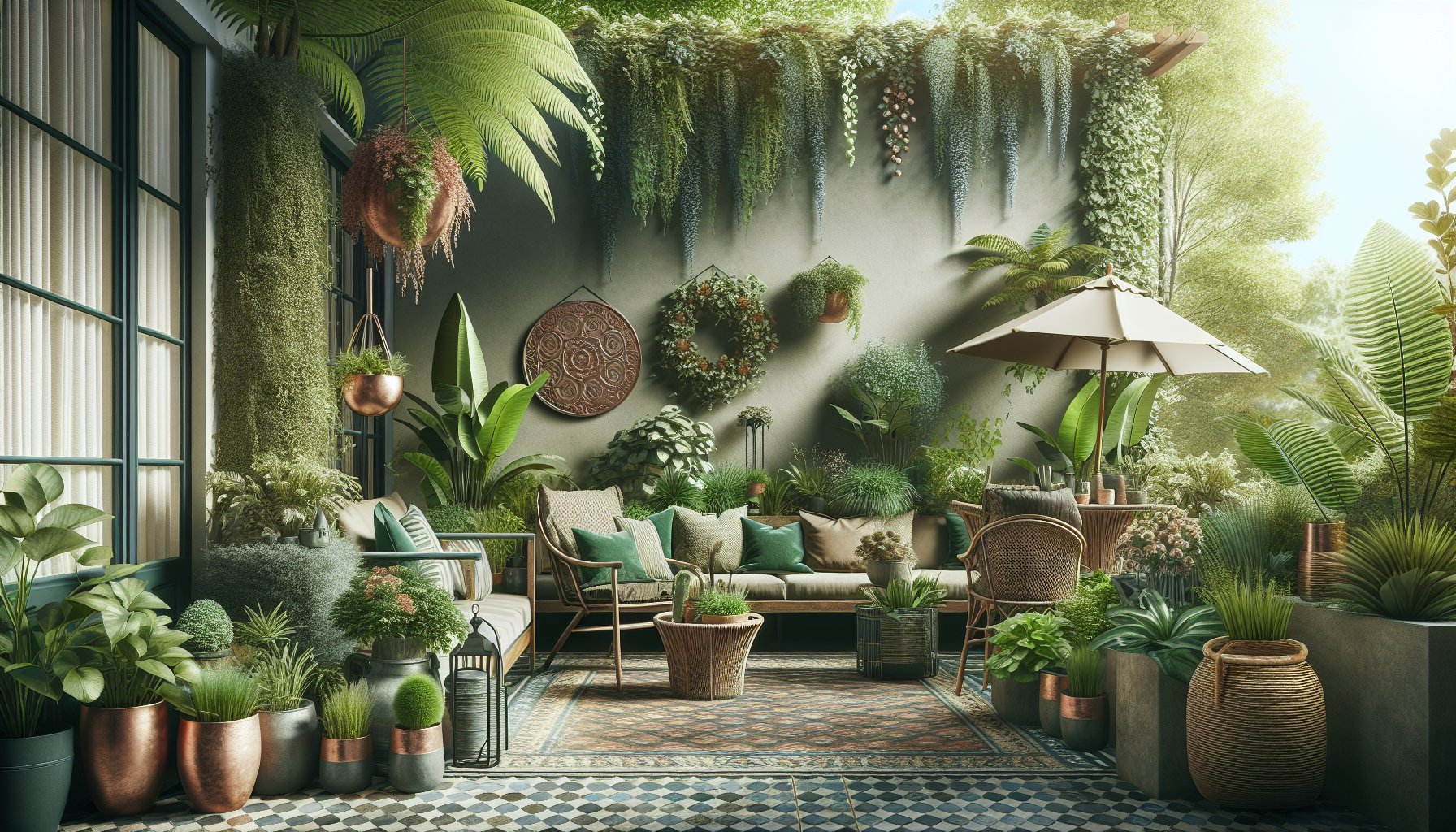 Lush plants arranged for a patio oasis, enhancing outdoor decor with eco-friendly gardening elements.