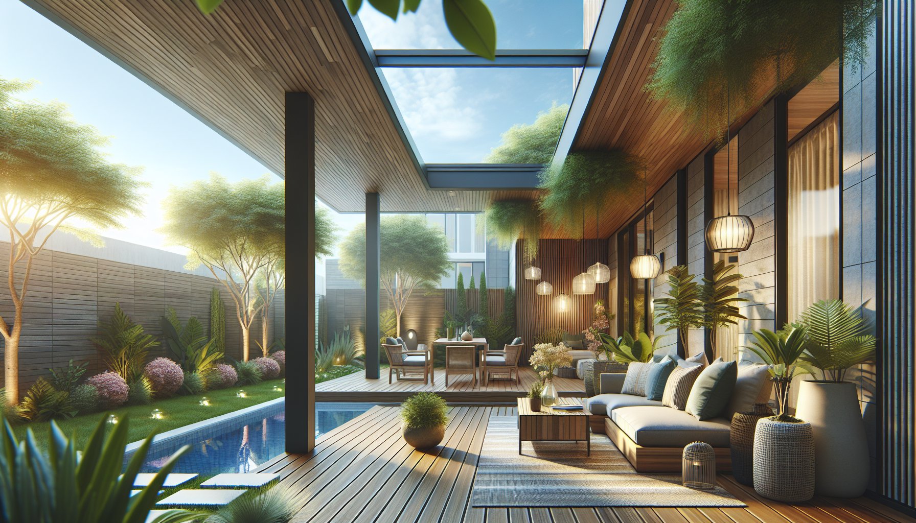 Eco-friendly patio design featuring composite decking, sustainable materials, native plants, and energy-efficient elements.