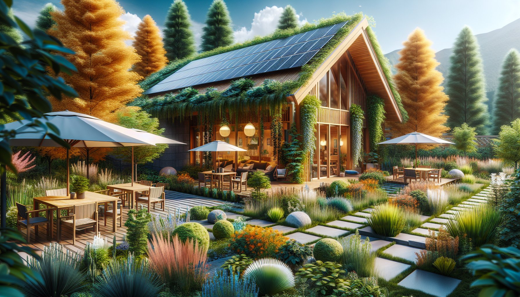 Eco-friendly patio design featuring sustainable materials, solar energy solutions, native garden cultivation, and irrigation techniques.