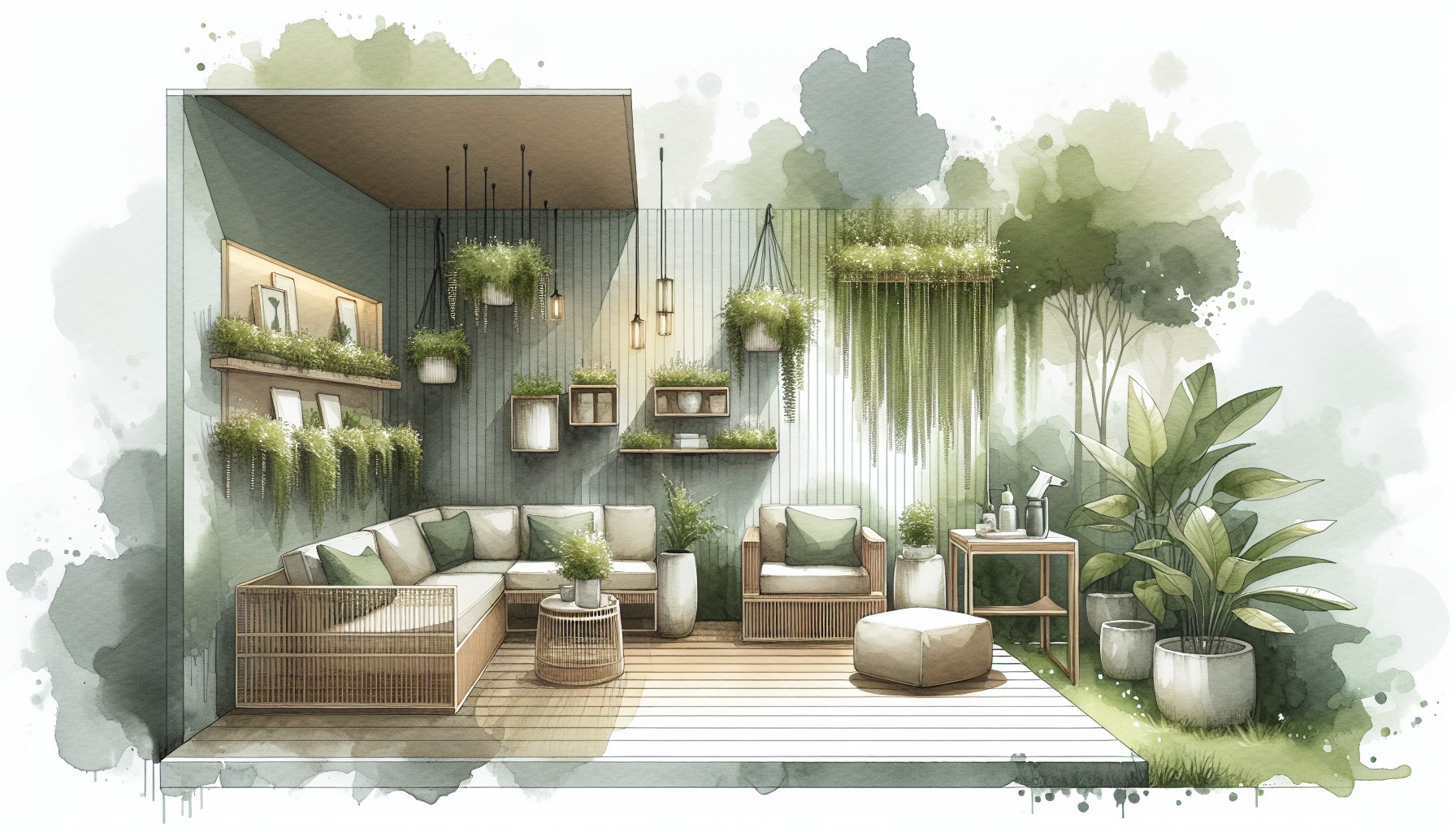Patio design for small spaces featuring multifunctional furniture, vertical gardens, and eco-friendly materials in 2025.