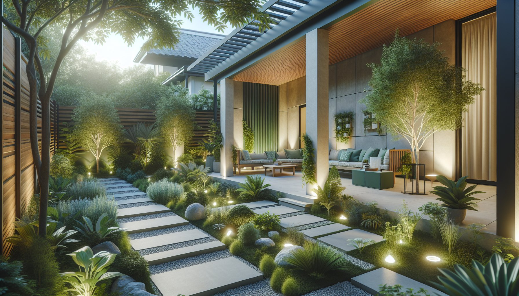 Sustainable patio design featuring eco-friendly materials, native plants, solar-powered lighting, and water-wise irrigation.