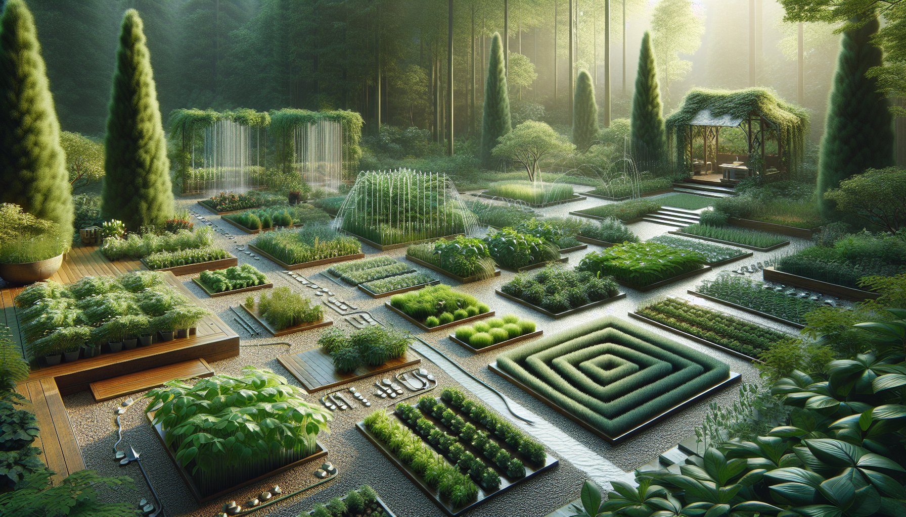 Custom planting beds in a garden sanctuary featuring crop rotation, companion planting, and advanced irrigation techniques.