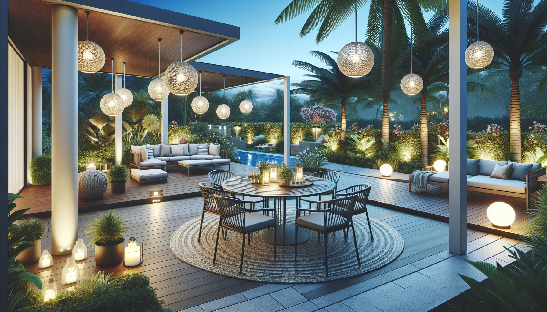 Essential patio accessories for an outdoor oasis with ambient lighting, eco-friendly practices, and stylish outdoor dining.