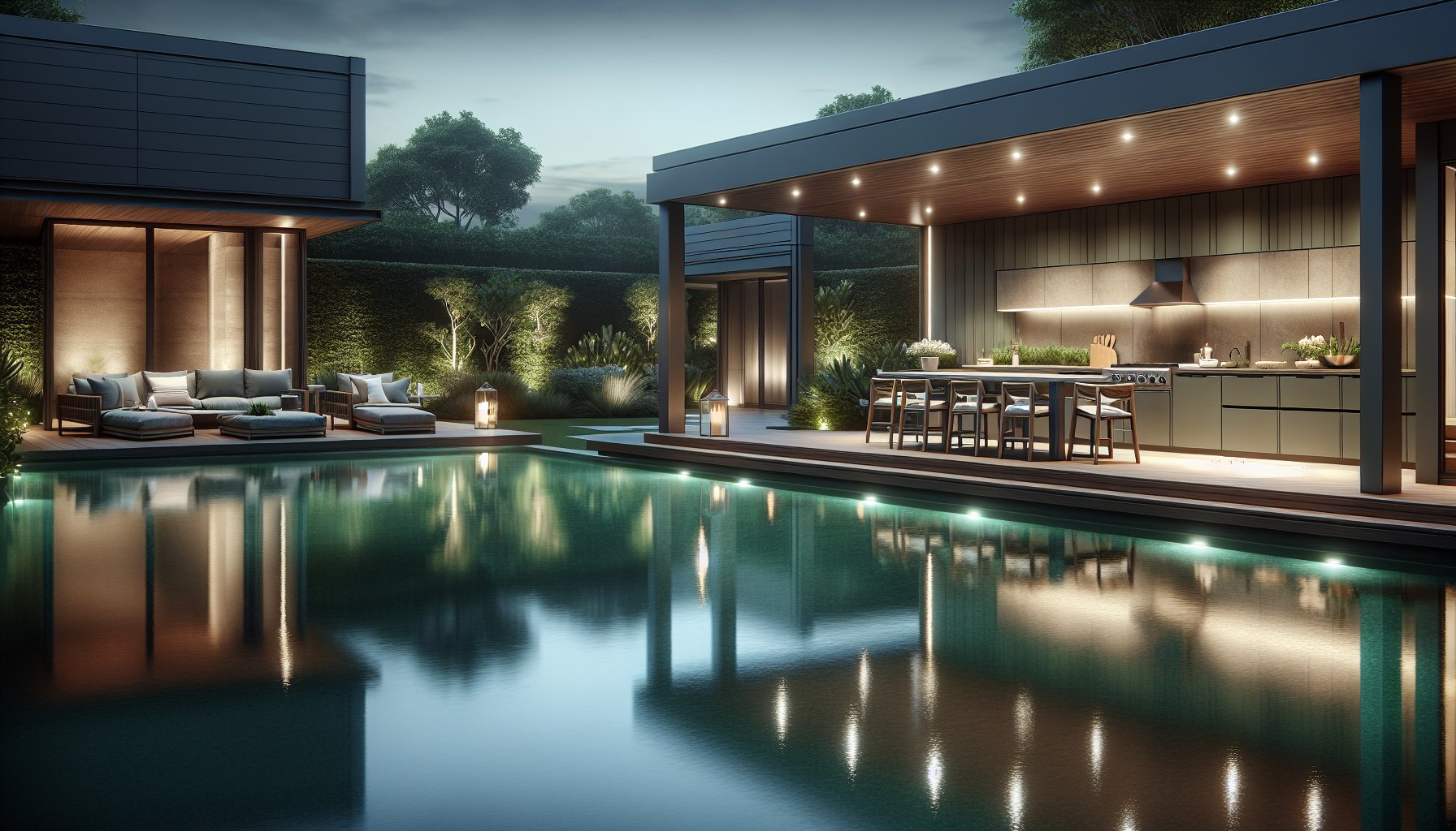Functional poolscape design features, including an outdoor kitchen, infinity edge pool, eco-friendly elements, and landscape lighting.