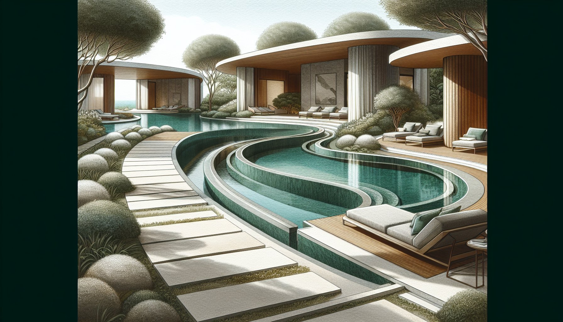 Luxurious poolscape design featuring infinity pools, curvilinear shapes, and high-end materials for an outdoor oasis.