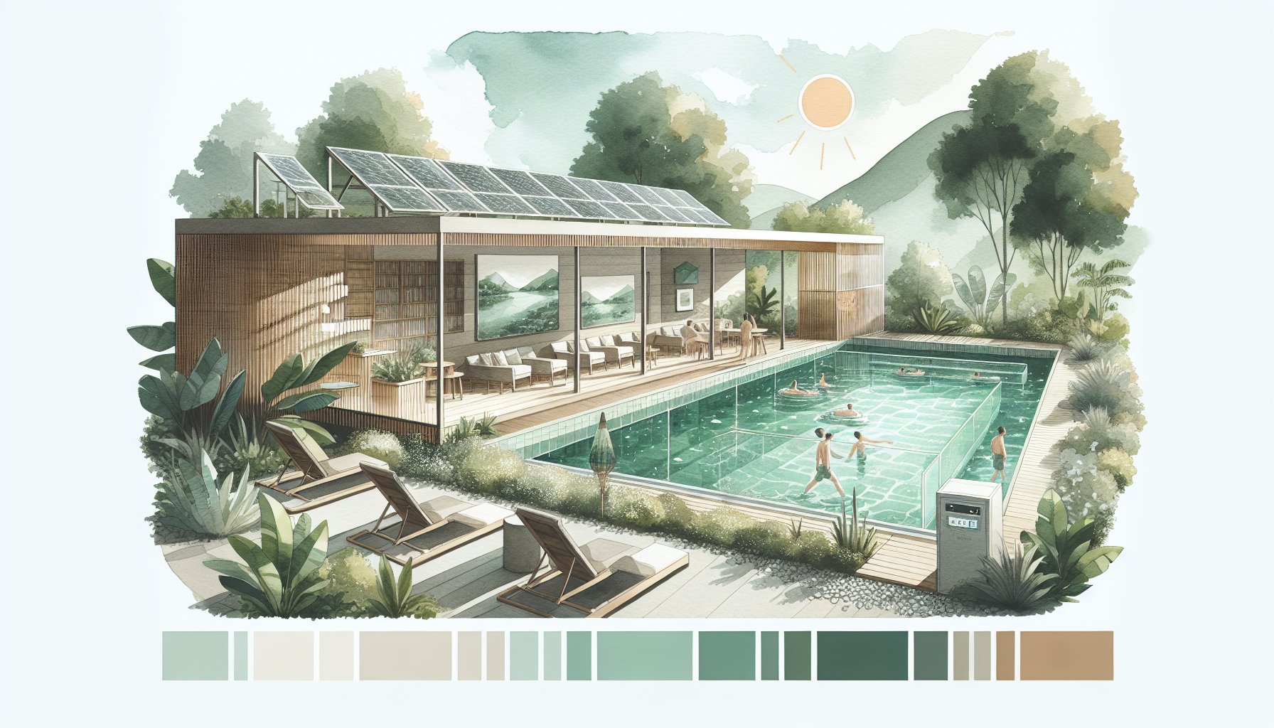 Eco-friendly pool design featuring sustainable materials, smart technologies, solar heating, and water-saving innovations.