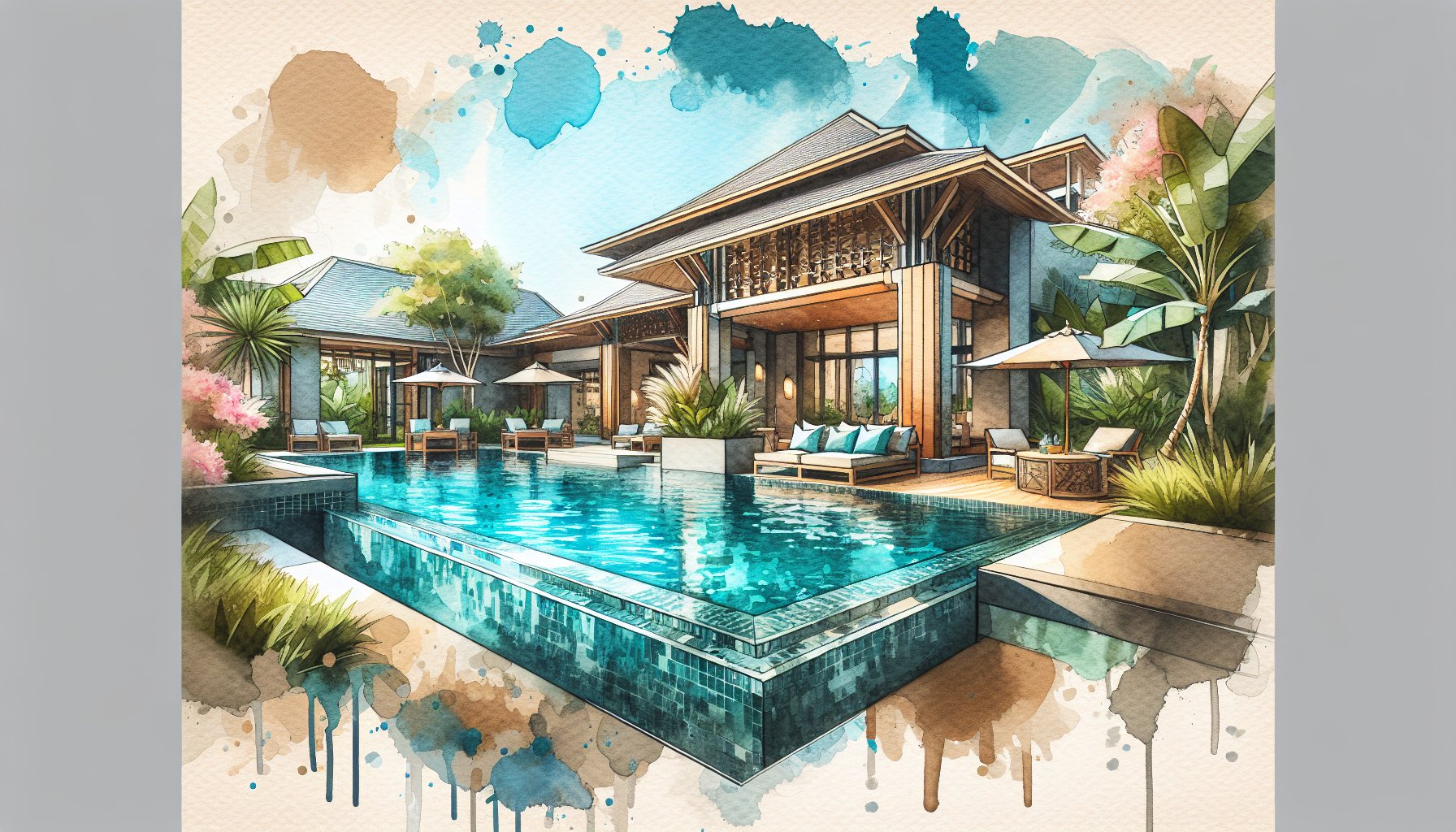 A stunning backyard oasis showcasing the fusion of modern and traditional poolscape design with an infinity pool and sustainable features.
