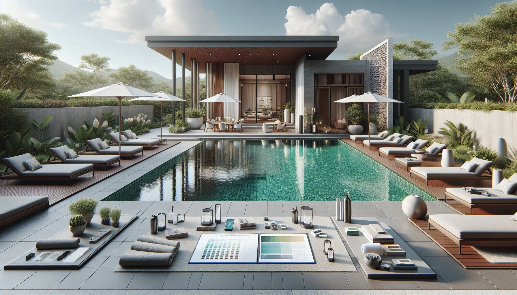 Backyard sanctuary featuring a serene poolscape design with an infinity pool and smart technology for outdoor relaxation.
