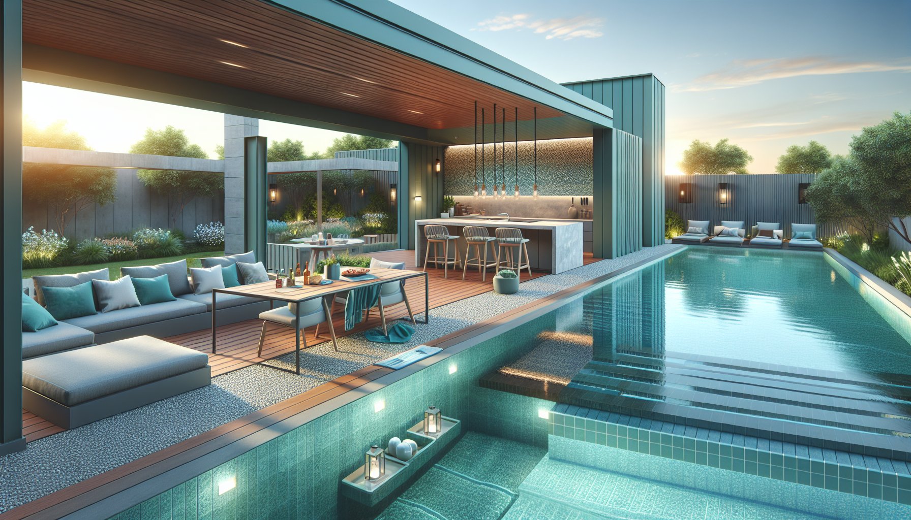 Family-friendly poolscape design with safety features, durable materials, outdoor kitchen, and smart technology integration.