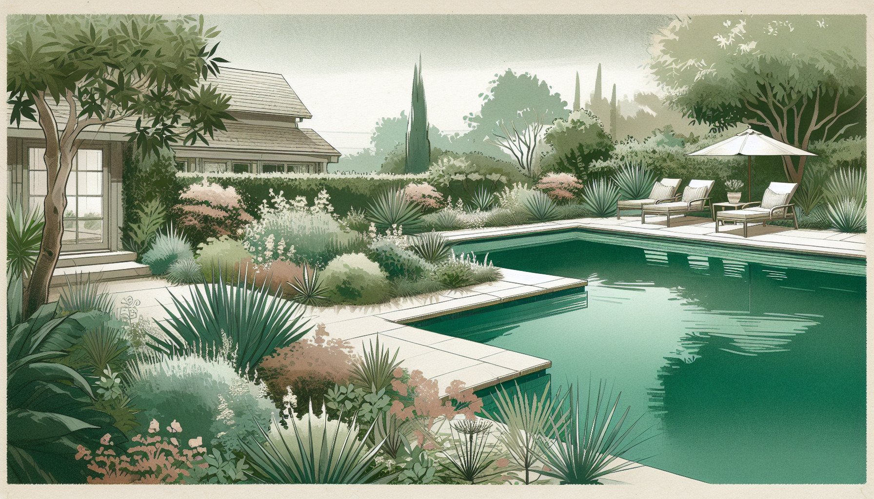 Vibrant poolscape plants showcasing heat-resistant, eco-friendly, and drought-tolerant landscaping ideas for a sustainable oasis.