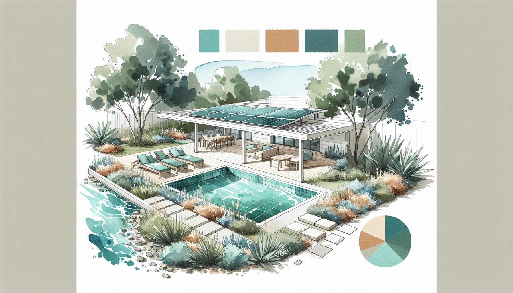 Eco-friendly poolscape featuring sustainable design with solar energy, native landscaping, and upcycled materials for 2025.