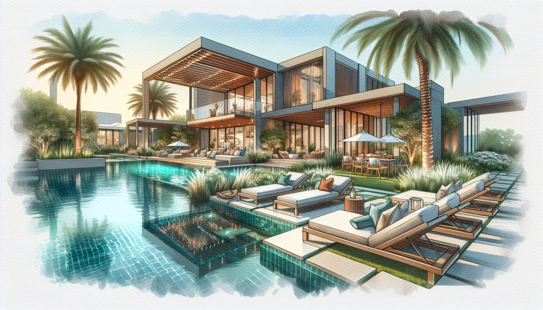 Luxurious outdoor living featuring innovative poolscape design with sustainable features and smart technology in a biophilic setting.