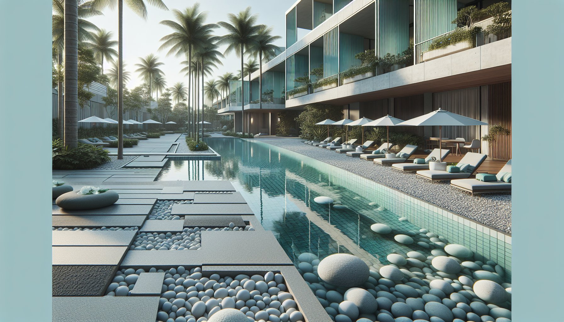 Guide on selecting hardscaping materials for poolscape design, focusing on slip-resistant, sustainable options and climate considerations.