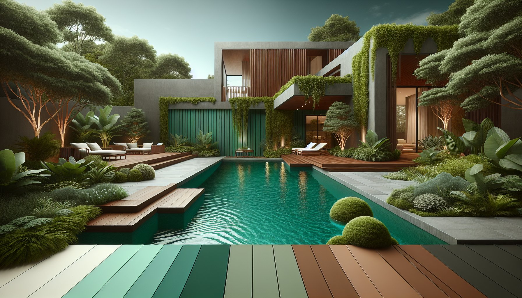 A beautifully designed poolscape showcasing eco-friendly elements for a stunning backyard oasis and easy maintenance.