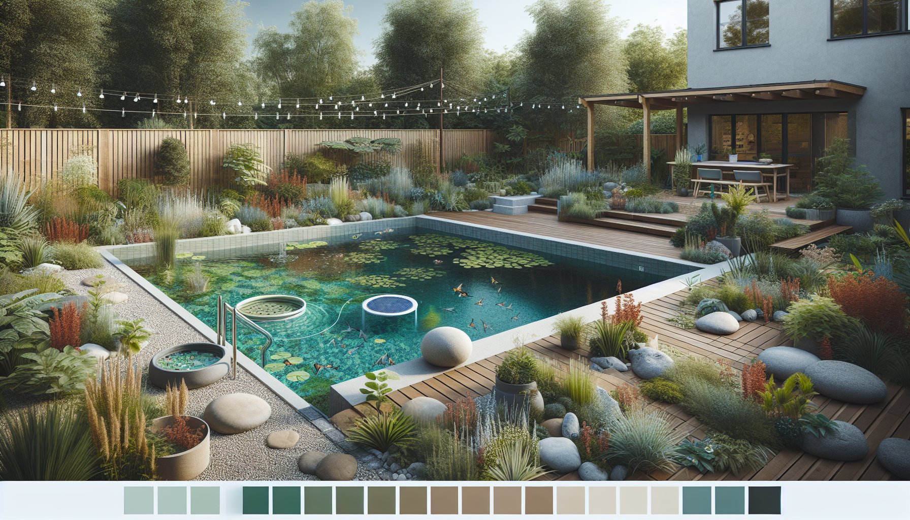 Eco-friendly inground pools using sustainable materials, solar heaters, natural filtration, enhancing backyard biodiversity.