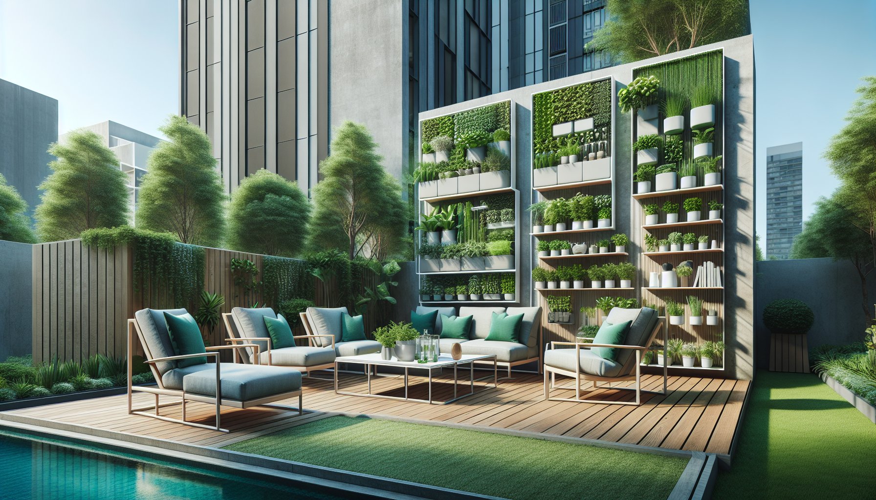Outdoor living solutions for small spaces featuring multifunctional furniture, vertical gardens, and smart gardening technology.
