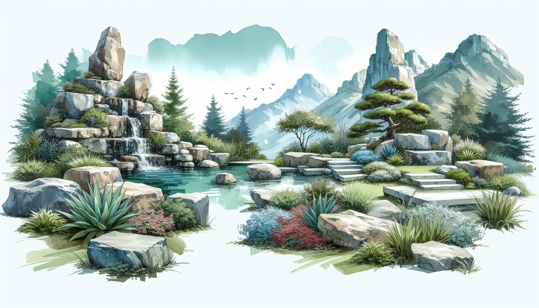 Rock garden design featuring landscape stones, alpine plants, water features, and a habitat for wildlife.