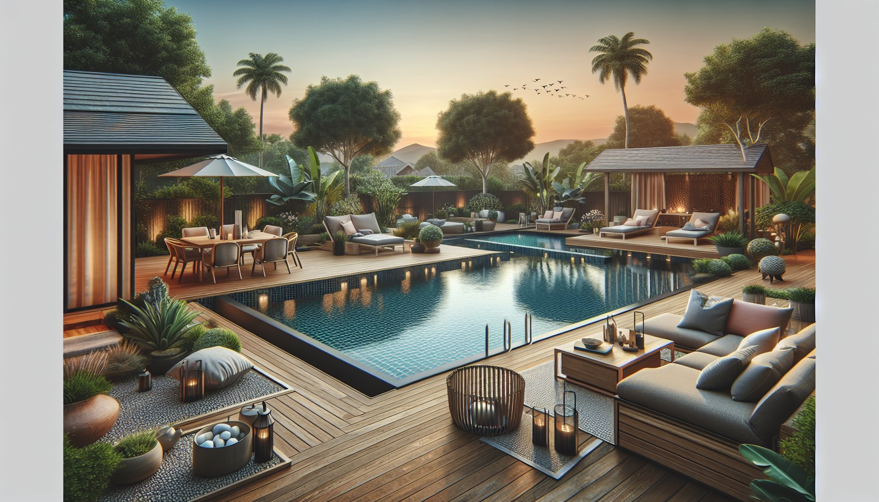 Stylish pool design ideas for a sustainable backyard oasis with smart technology and outdoor living accessories.